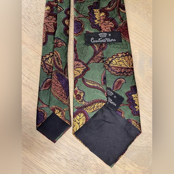 VTG COUNTESS MARA GREEN LEAVES Silk EMBROIDERED LOGO Men's NECK TIE - Picture 5 of 5